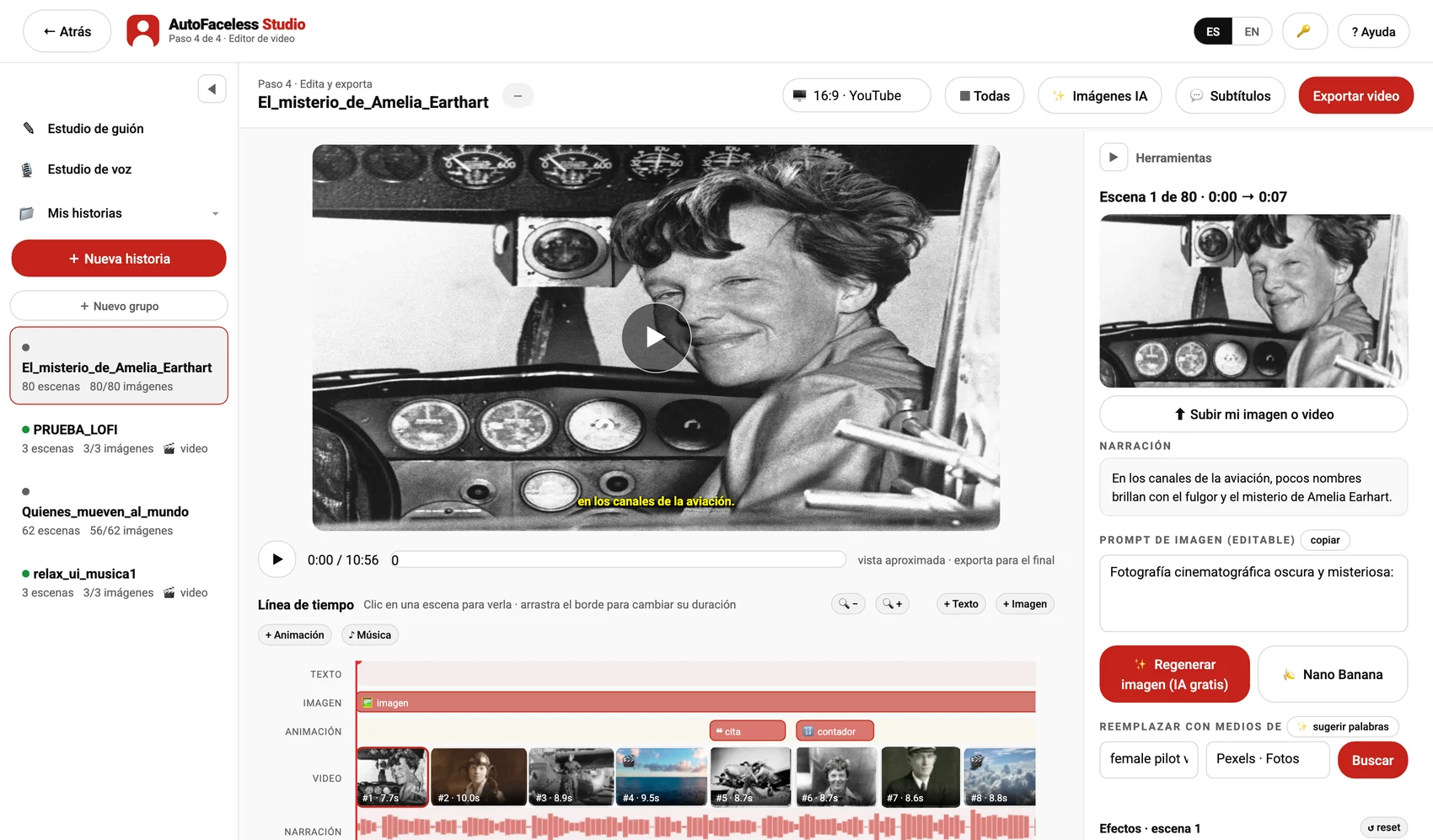 El editor real de AutoFaceless Studio con un vídeo montado